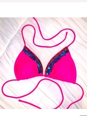 Vintage OP Vibrant Pink Sequin Bikini Top Triangle Size Large